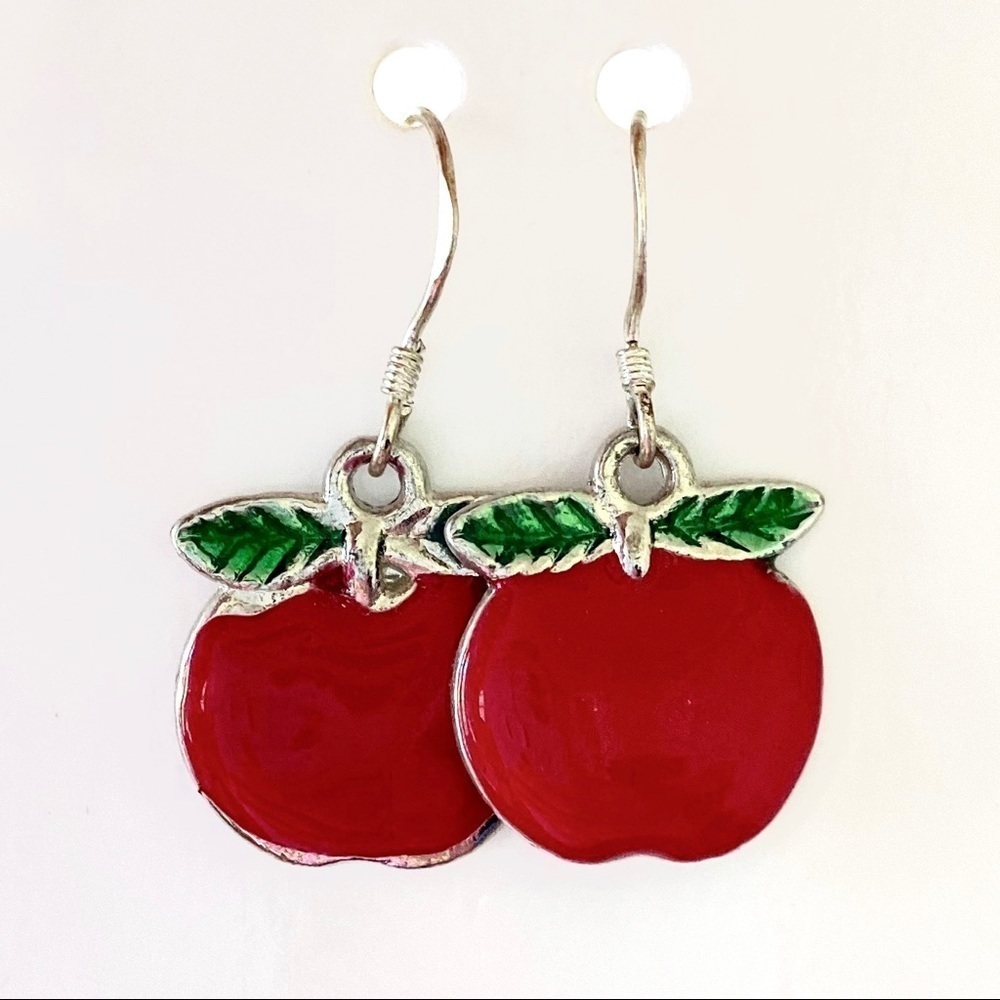 🍎 Cute Red Lacquer Apple Charm Dangle Earrings - Picture 3 of 6